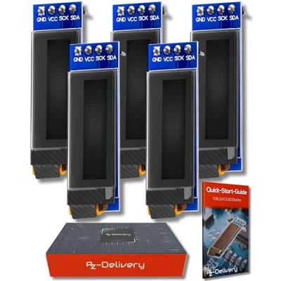 Image de AZDelivery 5 x Display I2C 0,91 Pouce 128 32 Pixels, SSD1306 Caractères de Couleur Blanche, Écran Compatible avec Arduino et Raspberry Pi incluant Un E Book!