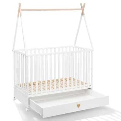 Image de ATB Lit Bébé 120x60 cm avec Matelas Tipi Collection Bebe en Bois Trois Niveaux de Hauteur pour Chambre Hêtre Enfants Blanc