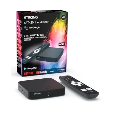 Image de STRONG SRT420 Streaming Box Hybride Android TV + TNT, 4K, HDR, Dolby Vision, Atmos, Chromecast, Assistant Vocal Google, Netflix, Disney +, Prime, WiFi, Ethernet, Bluetooth