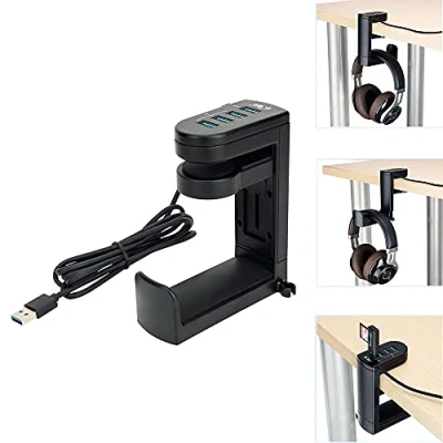 Image de KIWIFOTOS support pour casque avec concentrateur USB, de suspension sous le bureau 4 ports USB (1 3.0 + 3 2.0), réglable casque, parapluie, sac