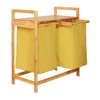 Image de Lumaland Panier à linge en bambou avec 2 sacs extensibles Taille environ 73 cm de hauteur x 64 largeur 33 profondeur, Couleur : Jaune
