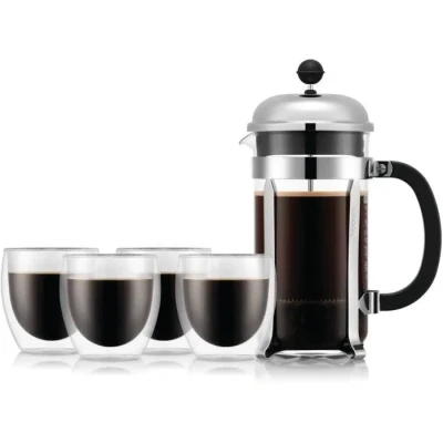 Image de Cafetière à piston BODUM CHAMBORD SET 8 tasses 1.0 l + 4 verres PAVINA double paroi 25 cl