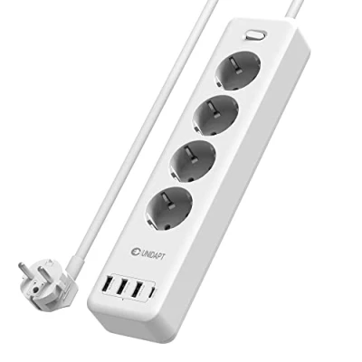 Image de Unidapt multiprise Murale à 4 Prises avec 3 USB et 1 Type C, (2500 W/10 A) Protection Contre Les surtensions, Interrupteur câble 1,8 m, Blanc