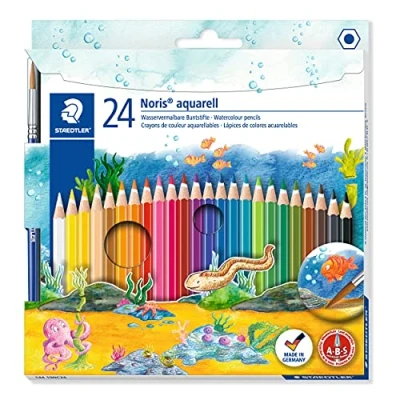 Image de Staedtler Noris Aquarell, crayons de couleur aquarellables avec système anti casse, Utilisables à sec ou l&#039;eau, Étui carton 24 et 1 pinceau, 144 10NC24