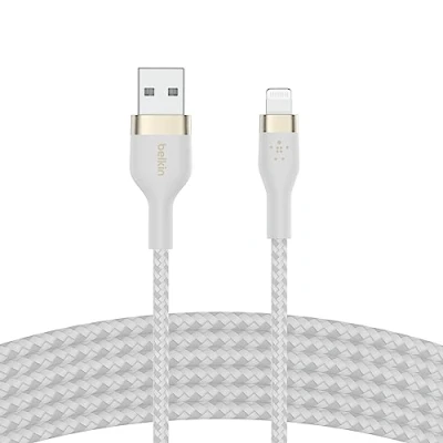 Image de Belkin Câble à gaine tressée USB A vers Lightning BoostCharge Pro Flex (3 m), certifié MFi, pour iPhone 14, 13, 12, Pro, Max, mini, SE, iPad, etc (blanc)