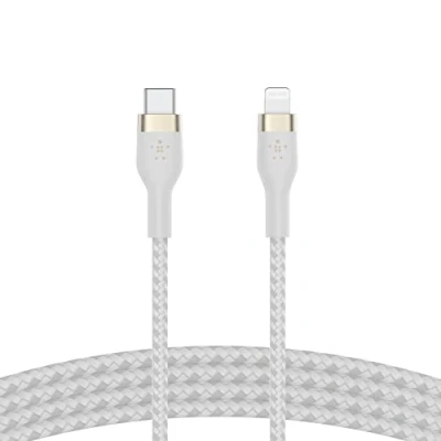 Image de Belkin Câble à gaine tressée USB C vers Lightning BoostCharge Pro Flex (1 m), certifié MFi (20 W), recharge Power Delivery pour iPhone 13, 12, 11, Pro, Max, mini, SE, iPad, etc. (blanc)