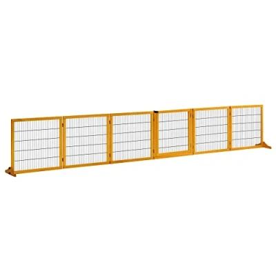 Image de PawHut barrière de sécurité Chien autoportante modulable Pliable 6 Panneaux 2 Pieds Support Bois pin 432 x 36 70 cm Jaune