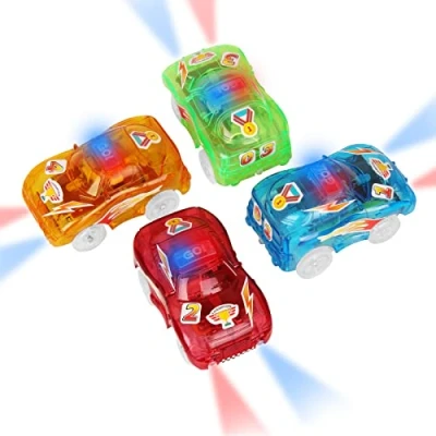 Image de 4pcs Tracks Cars Magic, Voiture de Course Jouet Track Accessoires avec 5 lumières LED Clignotantes et des Autocollants DIY Jouets pour Enfant Cadeaux Les âges 3 4 6 7 8