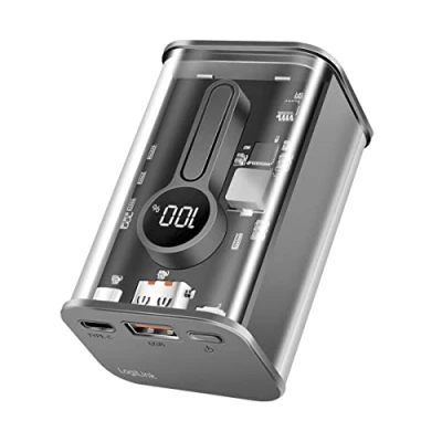 Image de LogiLink Powerbank 10 000 mAh avec Protection 7X, 1 USB C PD (Power Delivery 3.0) et Port A QC (Quick Charge 3.0), écran, Design Transparent
