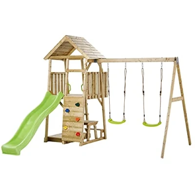 Image de KANGUI Aire de Jeux portique en Bois WOODI Double balançoire, Toboggan, Mur d&#039;escalade, bac a Sable, Table Pique Nique, cabane, échelle