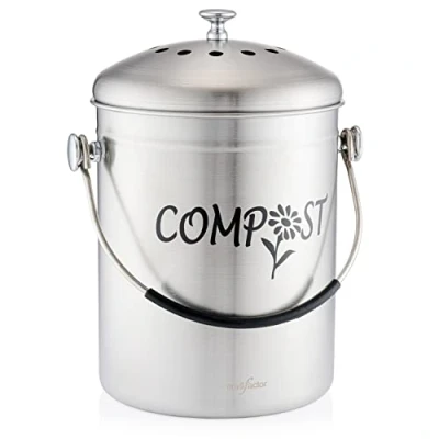 Image de RED FACTOR Deluxe Seau Compost Inodore en Acier Inoxydable pour Cuisine Poubelle Comprend Filtres à Charbon de Rechange (Designer Mat, 5 litres)