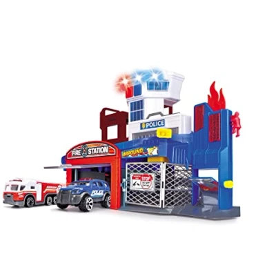 Image de Dickie Toys Garage de Pompiers et Police avec 2 Voitures Jouets Ascenseur, lumière Bleue, sirène, Fonction extincteur, pour Enfants à partir 3 Ans