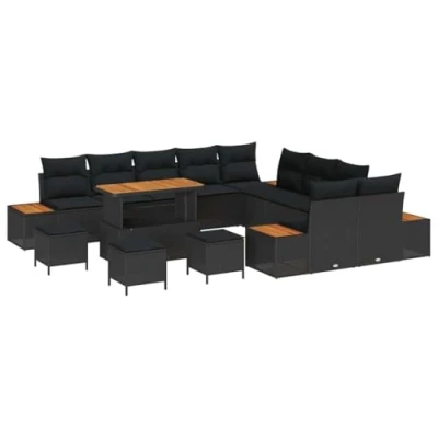 Image de Ensemble canapé jardin vidaXL 14 pièces avec coussins noir poly rattan acacia 3363369
