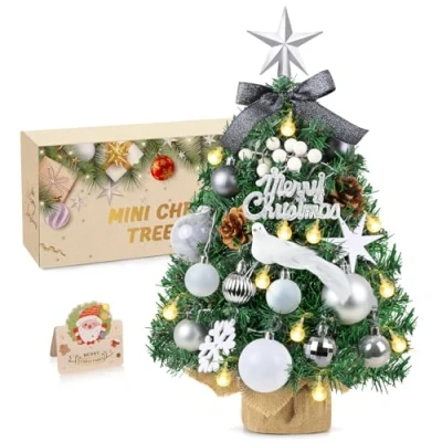 Image de Petit Sapin de Noel,Mini Noel Lumineux LED 45cm,Realiste Noël Décoré Artificiel,Petite Arbre Deco Table utilisé pour Décoration Table（Gris）