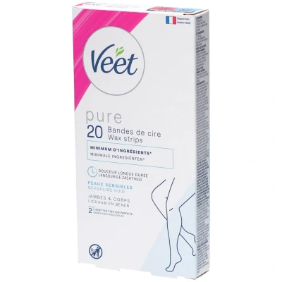 Image de Veet PURE 20 Bandes de Cire Froide Corps et Jambes Peaux Sensibles Recommandés par les Dermatologues Epilation Longue Durée