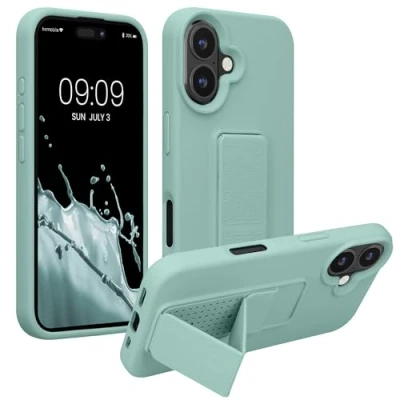Image de kwmobile Coque Compatible avec Apple iPhone 16 Housse Support Doigt en TPU Silicone Protection Fonction Menthe glaciale