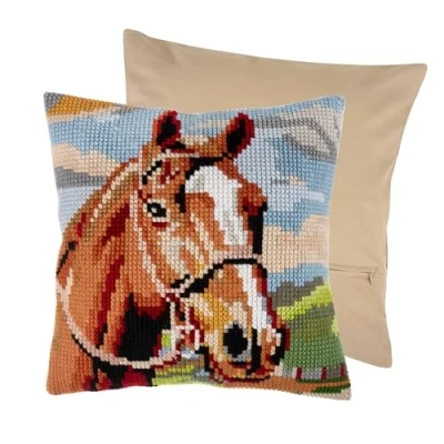 Image de Trimits Kit de coussin au point croix, dossier inclus, toile pré imprimée, fil et aiguille inclus 40 x cm, cheval marron