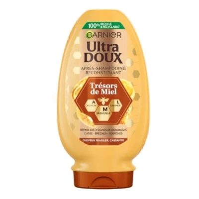 Image de Garnier Ultra Doux Après Shampoing Reconstituant Enrichi en Acacia, Lavande &amp; Manuka Pour Cheveux Fragiles Cassants Trésors de Miel 360 ml