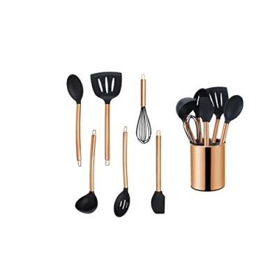 Image de ECHTWERK Ustensiles de cuisine, Set d&#039;ustensiles cuisine 7 pièces, Couverts avec manche en acier inoxydable, porte ustensiles, Antiadhésif silicone Aides ménagères, Edition Argent