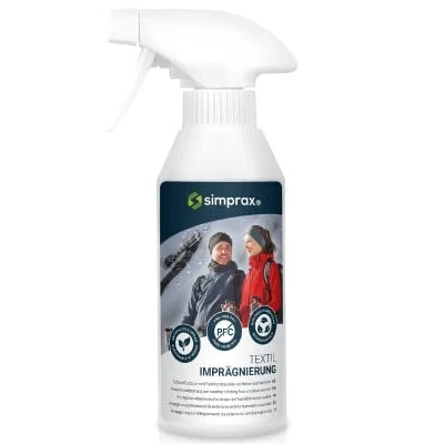 Image de SIMPRAX® Spray on Imperméabilisant pour Tissus 250ml Agent Étanche Fonctionnels d&#039;Utilisation Extérieure Softshell, Gore Tex, Sympatex