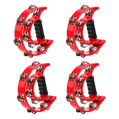Image de JOIKIT Lot de 4 tambourins à double rangée, demi lune rouge avec grelots en métal main pour musiciens, chanteurs et groupes