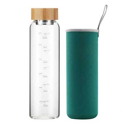 Image de sunkey Bouteille Eau en Verre 1 Litre avec Bouchon de Bambou, Réutilisable Gourde Borosilicaté 1000ml sans Bpa (Vert)
