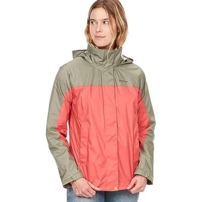 Image de Marmot Wm&#039;s PreCip Eco Jacket, Veste de pluie imperméable, manteau résistant au vent, coupe vent hardshell pliable respirant, idéal pour la randonnée, Femme, Grapefruit/Vetiver, M