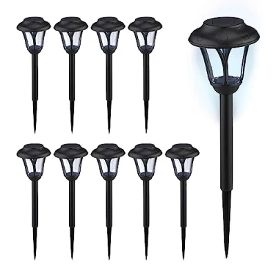 Image de Relaxdays Lampe solaire pour votre extérieur, en set de 10, LED, avec piquet, éclairage moderne, HD : 39 x 11 cm, noire
