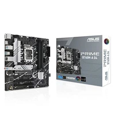Image de ASUS Prime B760M A D4 Carte mère Intel B760 LGA 1700 Micro ATX (PCIe 4.0, 2 x M.2, Realtek 2.5Gb Ethernet, DisplayPort, HDMI, SATA 6 GB/s, USB 3.2 Gen 2, Aura Sync RGB)