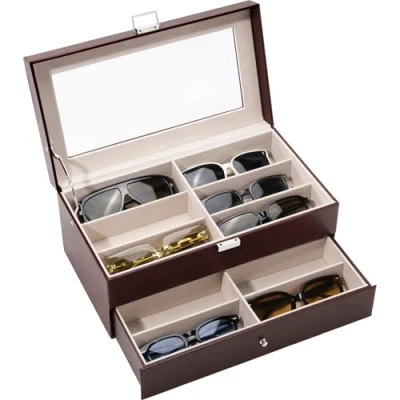 Image de Procase Boîte à Lunettes, Ranger 12 Lunettes de Soleil ou Vue, 2 Compartiments avec Vitrine Couverture en Verre Antichoc, sans Perdre Abîmer Brun