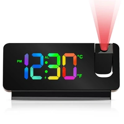 Image de Réveil Projecteur Plafond, Numérique 180, Horloge Digitale LED avec Snooze, Température, Format 12/24 Heures, Fonctionnement USB, pour la Chambre à Coucher