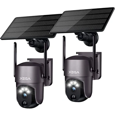 Image de Xega 2 Pièces Caméra de sécurité Solaire extérieure sans Fil, vidéosurveillance PTZ Surveillance Wi FI Vision Nocturne Couleur PIR Détection Humaine Audio bidirectionnel