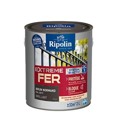 Image de RIPOLIN Peinture pour Fer Extérieur Glycéro Antirouille Sous couche intégrée Application directe sur Rouille Résistante aux Intempéries, UV et Chocs Brillant 2L Brun Normand RAL 8019