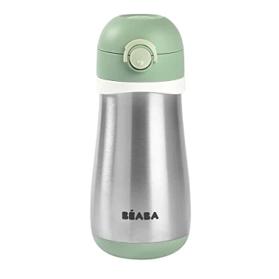 Image de Béaba, Gourde Inox Enfant 2 en 1, Fonction Gourde/Verre, Bouton Push pour faciliter l&#039;ouverture, Solide, Sain, Poignées amovibles, Maintien du Froid/Chaud, 350ml, Vert Sauge