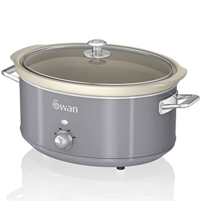 Image de Swan Retro SF17031GRNEU Mijoteuse, Récipient de Cuisson Amovible 6,5 Litres, Slow Cooker, Céramique Antiadhésive sans PFOA ni PTFE, 3 Niveaux température, Design Vintage, Gris, 320W