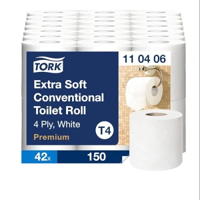 Image de Tork Papier Toilette Rouleau traditionnel extra doux blanc T4, Premium, 4 plis, 42 x 150 Feuilles, 110406