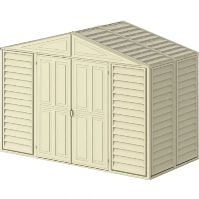 Image de Duramax WoodBridge5 10 x 5 (5.12 m²) abri de jardin en plastique avec kit fondation métal, structure toit métal robuste, vinyle sans entretien Ivoire