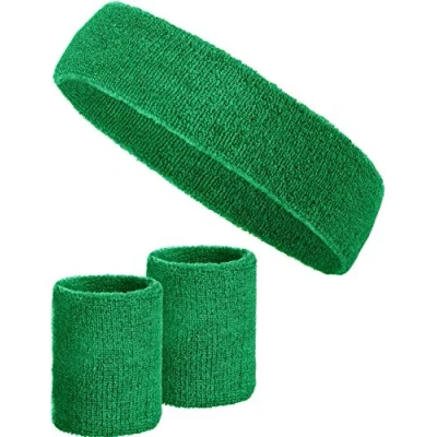 Image de Set de 3 Bandeaux à Transpiration avec 2X pour Les Poignets + 1x Bandeau Femmes &amp; Hommes (Vert foncé)