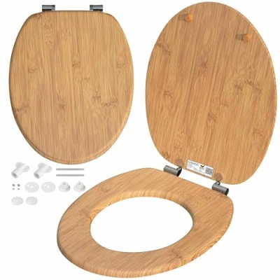 Image de CASARIA® Siège de WC Bambou système d&#039;abaissement automatique MDF abattant standard salle bain lunette couvercle toilette