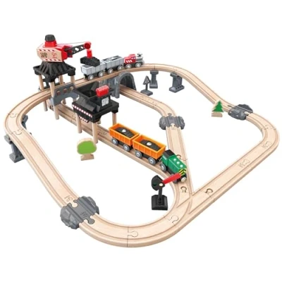Image de Jouet Hape Ensemble Circuit Train de la Mine 64 Pièces Train, Locomotive, Wagons et Marchandises, Grue, Signalisation Jeu Educatif Enfant 3 ans Plus Compatible Marques Traditionnelles