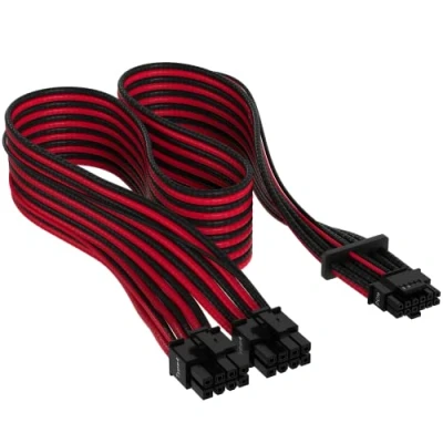 Image de Corsair Premium 600 W PCIe 5.0 / Gen 5 12VHPWR Câble d’Alimentation Adapté aux Alimentations de Type 4 Via Une Double Connexion à 8 Broches Connecteur 12+4 Noir/Rouge