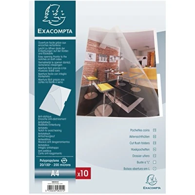 Image de Exacompta Réf. 58201E Sachet de 10 pochettes coins En polypropylène lisse rigide Epaisseur 20/100ème Encoches recto/verso Dimensions : 22x31cm Format à classer A4 coloris cristal