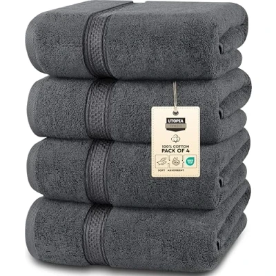 Image de Utopia Towels Lot de 4 Serviettes Bain qualité supérieure (68,6 x 137,2 cm), 100% Coton filé à l&#039;anneau, légères et très absorbantes, séchage Rapide, parfaites pour Un Usage Quotidien (Gris)