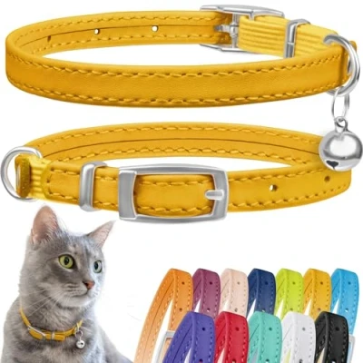 Image de CollarDirect Collier pour Chat en Cuir, de Sécurité avec Sangle Elastique, Chaton Cloche Noir Bleu Rouge Orange Vert Lime (Jaune, 15 18 cm)