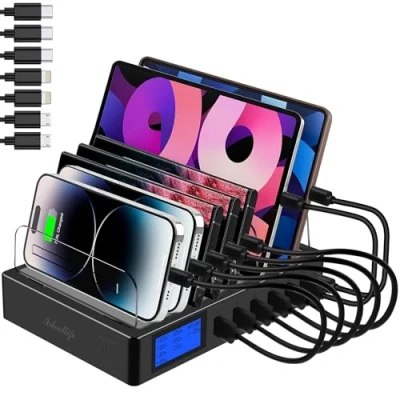 Image de ideallife station de charge pour plusieurs appareils 7 ports, chargeur USB rapide avec type C PD20W QC3.0, d&#039;accueil bureau 70 W compatible iPhone, iPad, Samsung Smart Phone