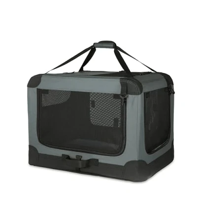 Image de Amazon Basics Niche de voyage pliable à 4 portes pour chien et chat, Gris, taille S 66 cm x 46