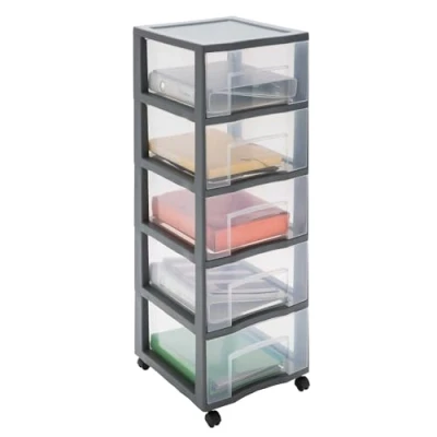 Image de SUNDIS Tag Tower XL, tour de rangement en plastique gris, avec roulettes, 5 grands tiroirs transparents, hauteur 102,5 cm, idéale bureau, cours, documents, fournitures, accessoires