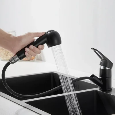 Image de Auralum Robinet de Cuisine Noir avec Douchette Extractible 50CM Mitigeur Evier Rotatif 360, 2 Modes Jet et Barboteur démontable
