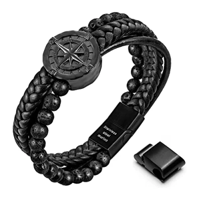 Image de murtoo Bracelet homme, en cuir pour homme noir et marron, boussole, Fermoir magnétique acier inoxydable, Excellente idée cadeau homme(noir,lava,20cm)