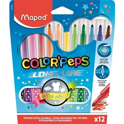 Image de Maped Feutres Long Life 12 de Coloriage Ultra lavables et Longue Durée Pointe Moyenne Bloquée Couleurs Vives Idéal Fournitures Rentrée Scolaire Pochette Carton